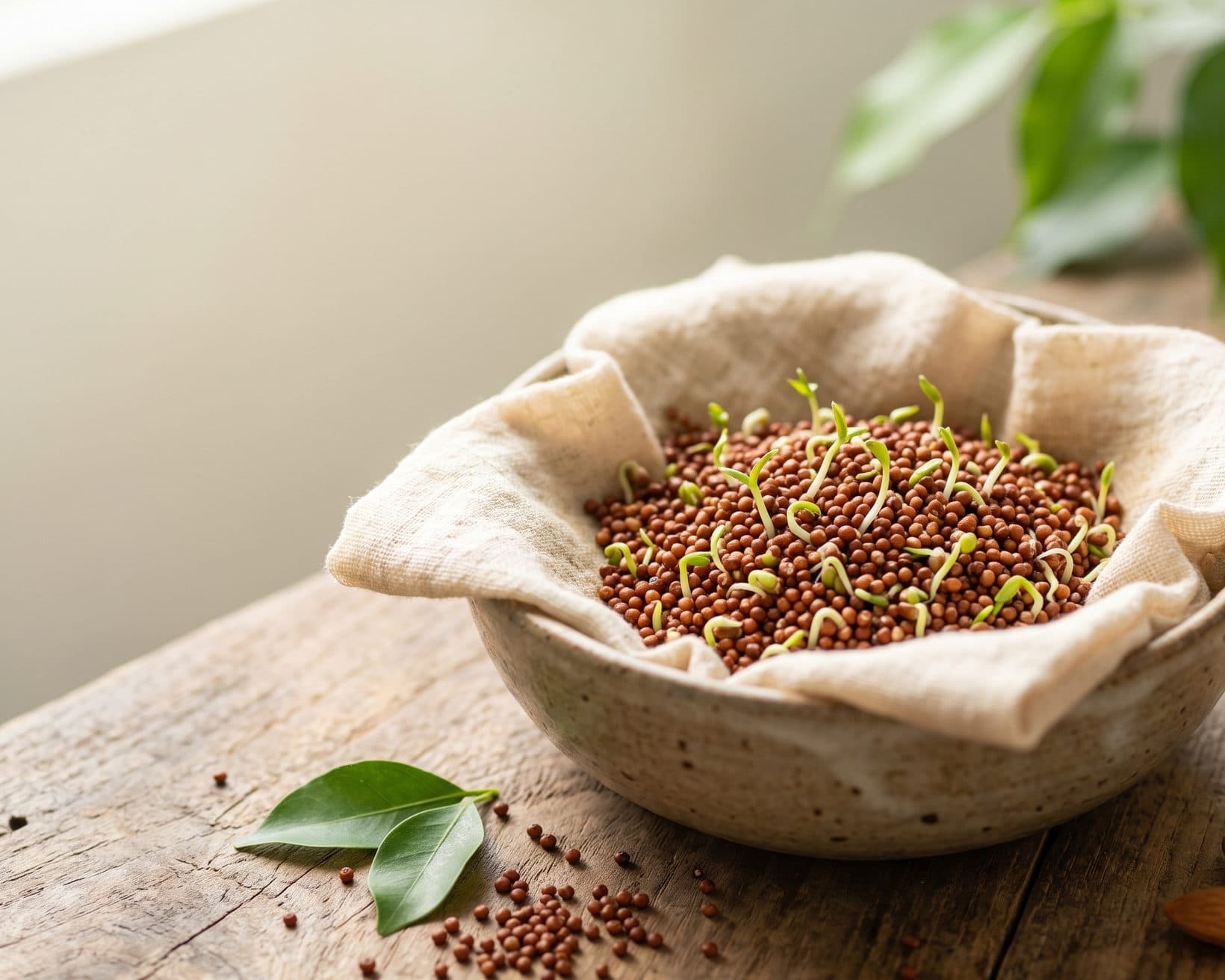 Freshly sprouted ragi grains in a bowl lined with cloth