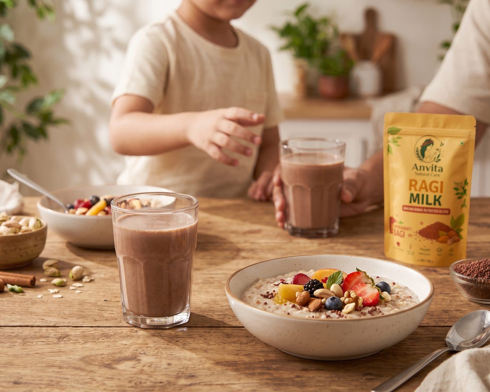 Family breakfast table with ragi milk, porridge and a pouch of milk powder